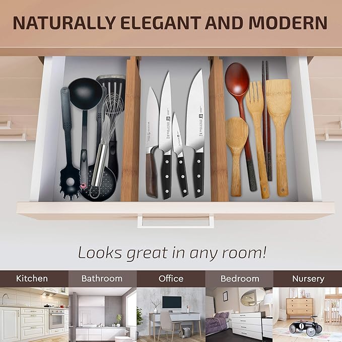 4 Pack Drawer Dividers Bamboo 2.6" High, 16-22" Adjustable Drawer Organizers for Clothes, Expandable Dresser Separators in Bedroom/Bathroom/Kitchen/Office Organization and Storage (Natural)-DeskLoop Office