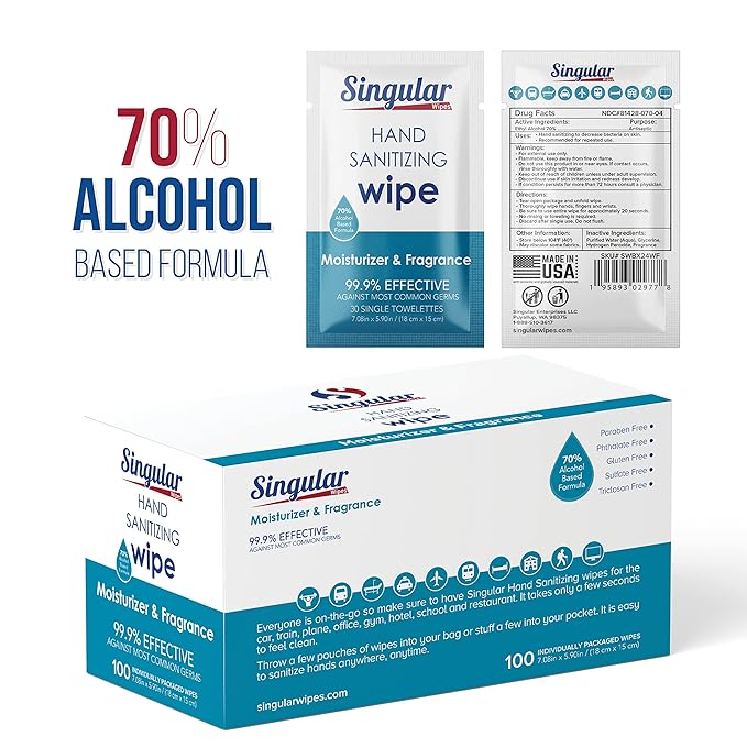 Hand Sanitizing Wipes Travel Size by Singular Wipes – 100ct Individually Wrapped | Fresh Citrus Scent, Moisturizing, 70% Alcohol Wipes | Travel, Office, School, Home | Made in USA-DeskLoop Office