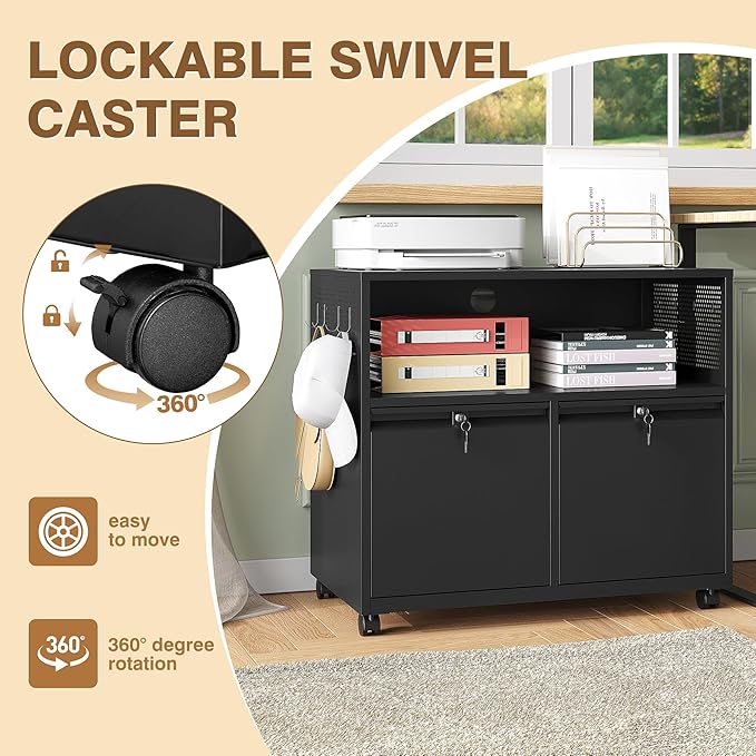Mobile Filing Cabinet with Lock,Metal Lateral File cabinets Printer Stand with Storage Cabinets for Home Office,A4/F4/Letter (Black)-DeskLoop Office