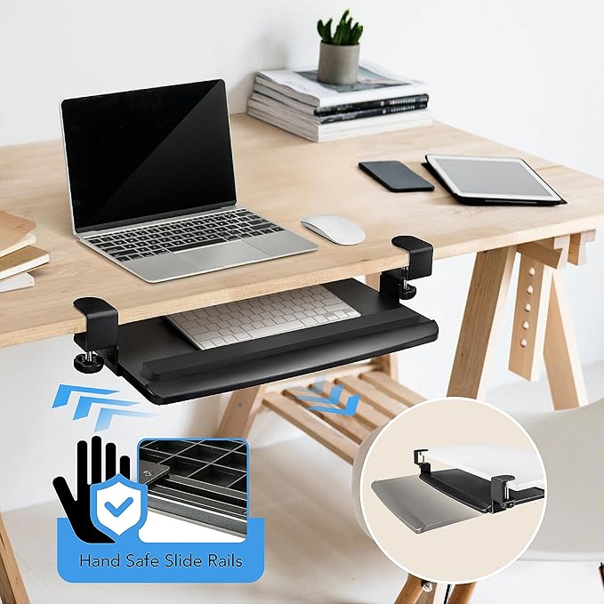 EHO Clamp-On Retractable Adjustable Keyboard Tray, Under Desk Ergonomic Keyboard Tray - Easy Tool-Free Install - Small with Wrist Rest 20" (24.8" Including Clamps) x 11.5" for Enhanced Typing Comfort-DeskLoop Office
