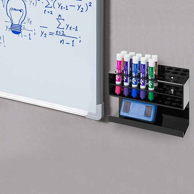 MyGift Wall Mounted Premium Black Acrylic Dry Erase Marker Holder with 16 Slots for Marker Pens and Eraser Storage Tray Whiteboard Accessories Rack for Home Office School Dorm-DeskLoop Office