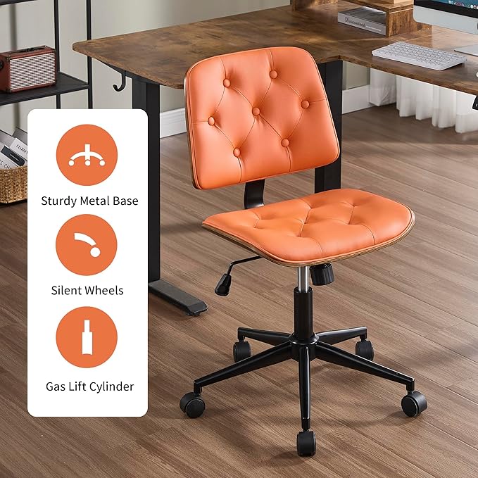 Small Home Office Chair - Armless Mid Back Desk Chair with 360° Swivel and Wheels, PU Upholstered Height Adjustable Modern Walnut Computer Chair for Home, Office Meeting Room - Orange-DeskLoop Office