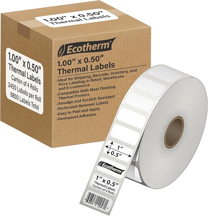 1" x .5" Thermal Labels | 4 Rolls | 9800 Labels | fits Zebra, Godex, Arkscan, iDPRT, Offnova Thermal Label Printers and More | Blank White Adhesive Stickers by Ecotherm-DeskLoop Office