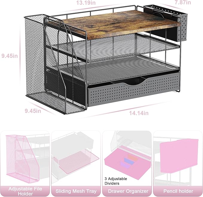 Wood Desk Organizers and Accessories with File Holder, 4-Tier Desk Accessories & Workspace Organizers with Drawer and Pen Holder, Paper Organizer for Office Supplies (Wood)-DeskLoop Office