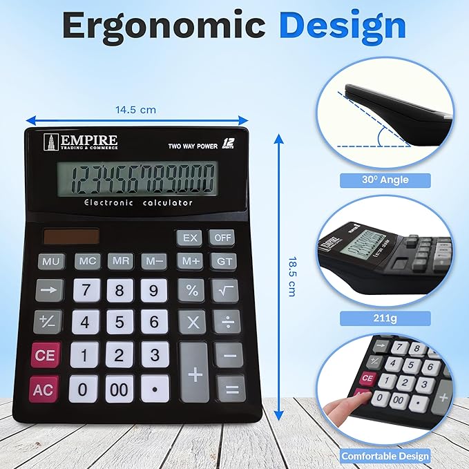 Empire Desk Calculator with Large Key Buttons, 12 Digits, Large Eye-Angled Display, Solar and Battery Powered for Home and Office (Battery Included)-DeskLoop Office