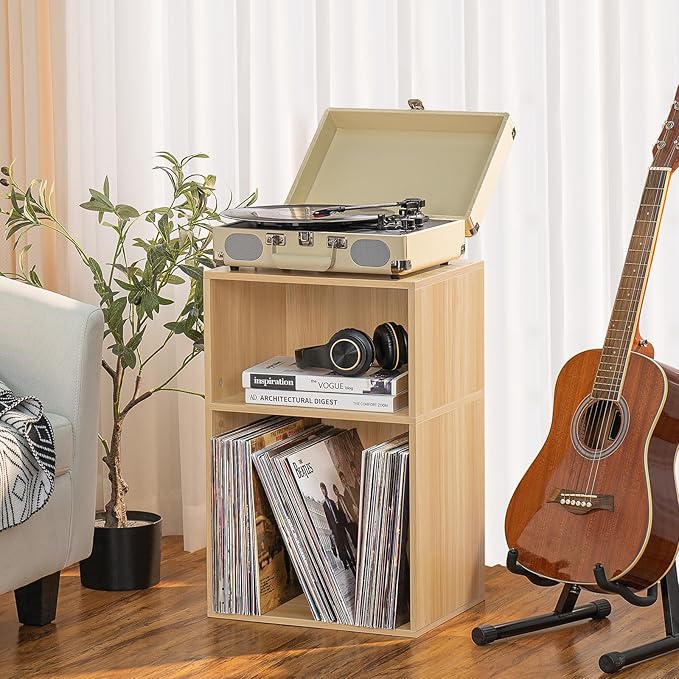 LEYAOYAO 2 Cube Bookshelf,Natural Record Player Stand Holds up to 100 Albums, Mini Wood Book Shelf Storage Organizer,Turntable Stand with Vinyl Storage Cabinet, Narrow Open Bookcase for Small Spaces-DeskLoop Office
