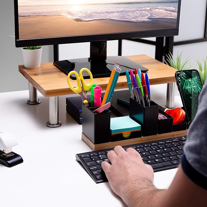 The Original Bamboo Monitor Stand (As Seen On PBS) - Monitor Riser for Computer Screen or Laptop - Desk Shelf Adds Storage Space & Improves Ergonomics - Natural-DeskLoop Office
