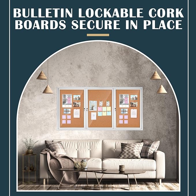 72" x 36" Enclosed Bulletin Board Outdoor 3 Door Weatherproof Tamper-Proof Enclosed Cork Board with Lock Aluminum Frame Display Case for Back to School, Office Commercial, 18xA4(Wood Color)-DeskLoop Office