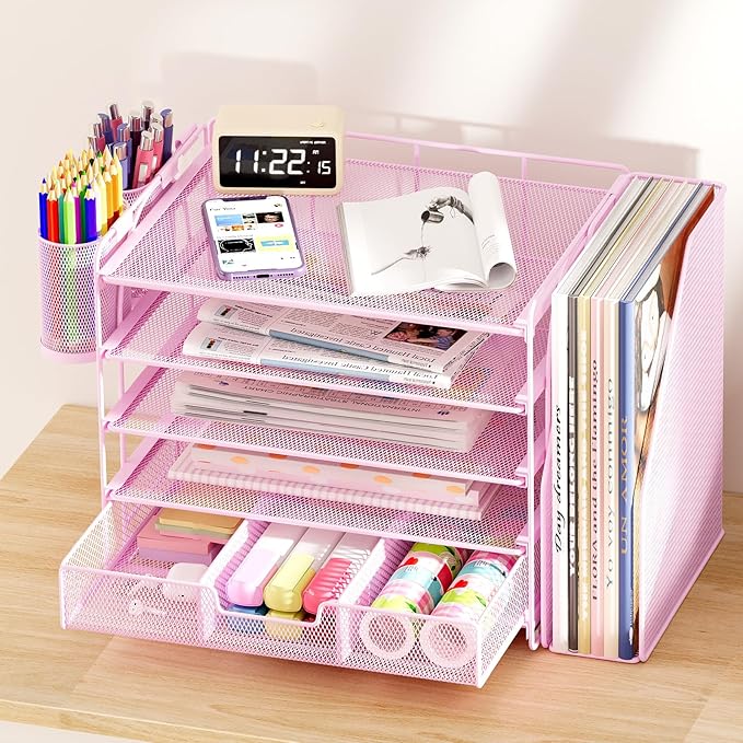 Desk Organizers and Accessories, 5-Tier Paper File Organizer with Drawer & Pen Holder, Office Desk Accessories Workspace Desktop Organizer for Office Supplies((Pink)-DeskLoop Office