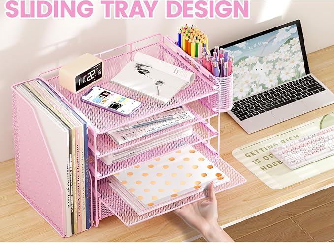 Desk Organizers and Accessories, 5-Tier Paper File Organizer with Drawer & Pen Holder, Office Desk Accessories Workspace Desktop Organizer for Office Supplies((Pink)-DeskLoop Office