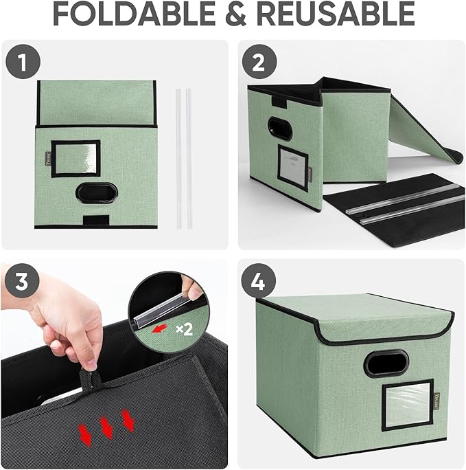 BALEINE File Organizer Box with Lid, Collapsible File Folder Organizer with Plastic Slide, Hanging File Folder Box for Office Document Storage (2 Pack, Green)-DeskLoop Office