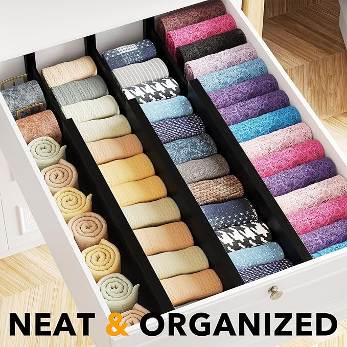 SpaceAid Bamboo Dresser Drawer Dividers 6 Pack, 4.65“ High Adjustable 17“-22” Drawer Organizers, Expandable Organization for Clothing, Clothes, Dressers, Black-DeskLoop Office