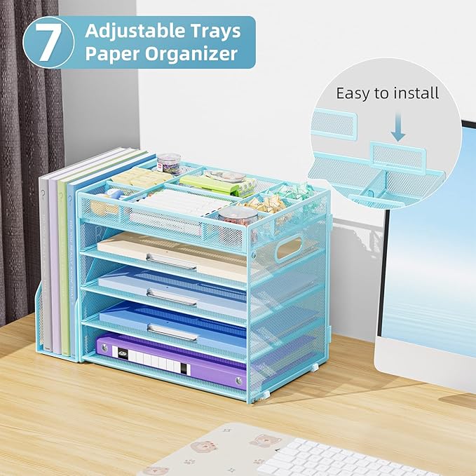 Marbrasse 5-Tier Desk Organizer with File Holder,Paper Letter Tray Organizer,Desktop File Organizer with Adjustable Compartments,Mesh Desk Organizers and Accessories for Office Supplies,Blue-DeskLoop Office