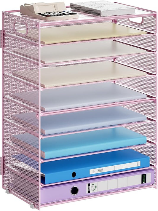 Marbrasse Paper Organizer Letter Tray, 9 Tier Mesh File Organizer with Handle, Paper Sorter Desk Organizer for Home Office Supplies - Pink-DeskLoop Office