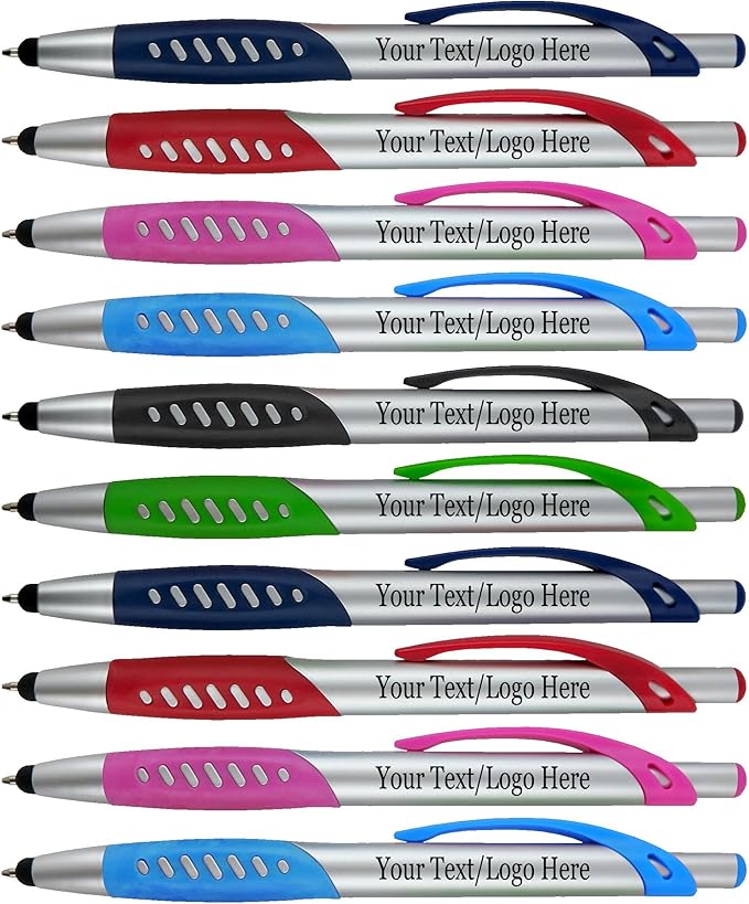 Personalized Pens With Custom Logo or Text-300 Pack Bulk-for Businesses, Parties, and Events, 2 in 1 Ballpoint Pen & Capacitive Stylus for Touchscreen Devices, Click Action, Assorted Colors, Black Ink-DeskLoop Office