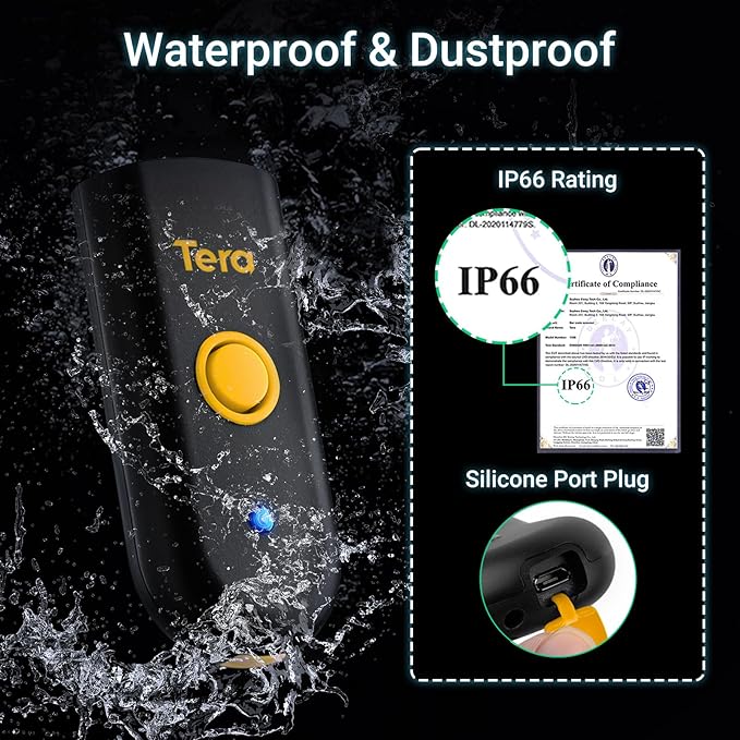 Tera Mini 1D Barcode Scanner: Pocket Waterproof Wireless Laser Scanner 3 in 1 Compatible with Bluetooth USB Wired Portable Bar Code Reader for Logistics Work with iOS Windows Android 1100L Yellow-DeskLoop Office