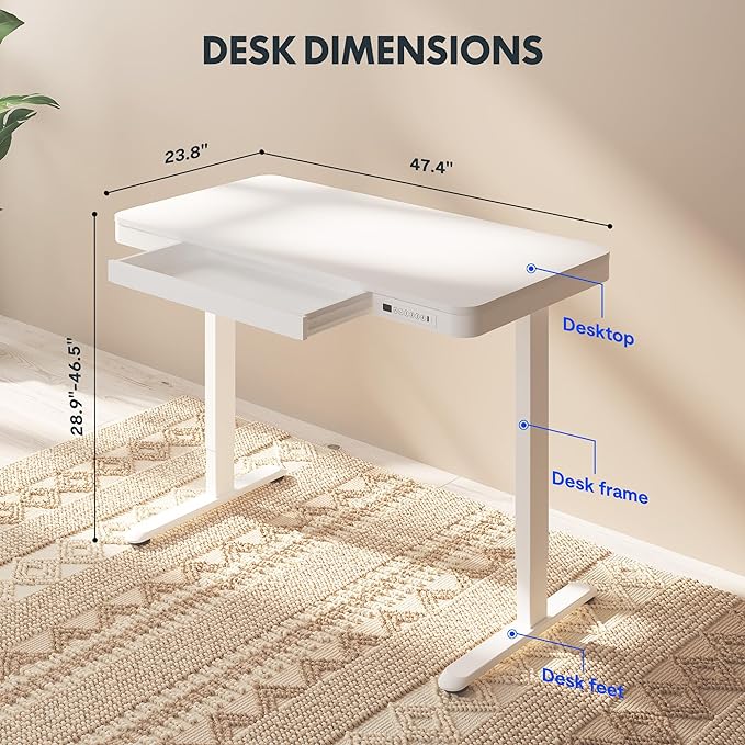 FLEXISPOT Comhar Electric Standing Desk with Drawers Charging USB A to C Port, Height Adjustable 48" Whole-Piece Home Office Computer Laptop Table with Storage (White Top + Frame)-DeskLoop Office