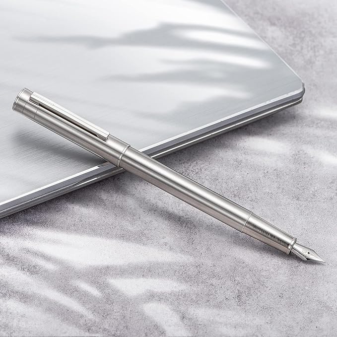Hongdian 1861 Stainless Steel Fountain Pen Fine Nib, Classic Design Smooth Writing Pen with Converter and Metal Pen Case Set-DeskLoop Office