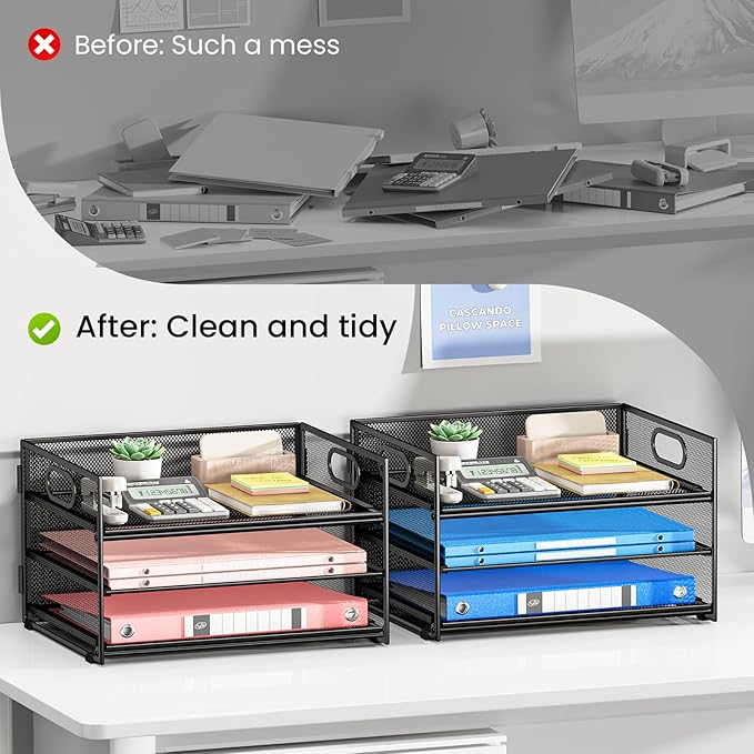 Subekyu 2-Pack 3-Tier Paper Letter Tray Organizer for Desk, Black Metal Mesh File Sorter Organizer with Handle and 1 PC Sliding Tray for Home Office School Desk Supplies Organization Storage-DeskLoop Office