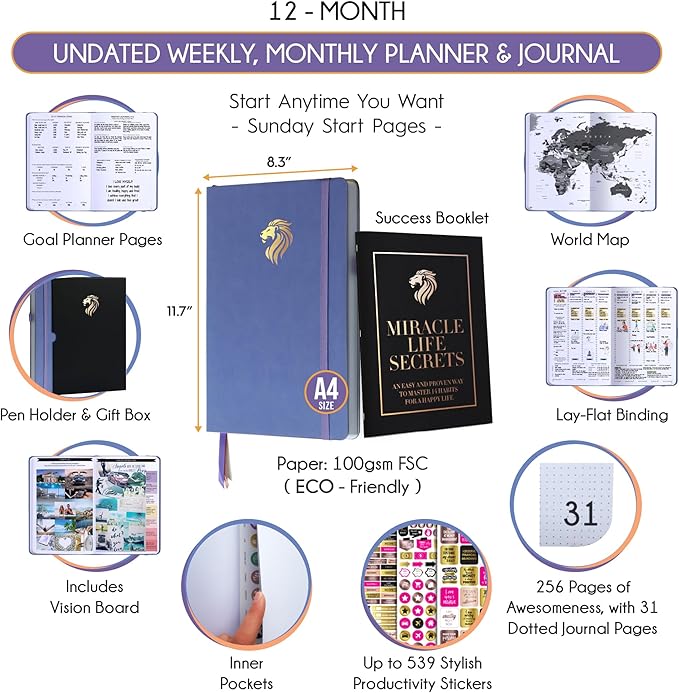Hourly Planner - Undated Daily, Weekly & Monthly Planner with Budget Section | A 12 Month Journey to Increase Productivity & Happiness | Life Organizer & Gratitude Journal - Vertical Format-DeskLoop Office