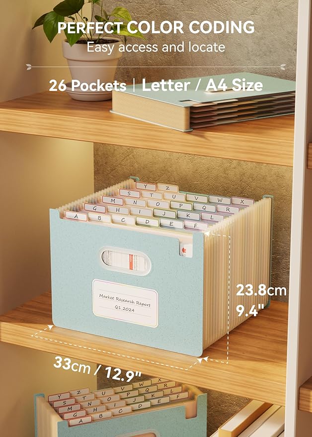 Accordion File Organizer, 26 Pockets Wheat Straw Expanding File Folders, Upright&Open Top, A-Z Bill Receipt Organizer, 100% BPA Free, Return to Nature, Healthy Living, Letter/A4 Size-Sky Blue-DeskLoop Office