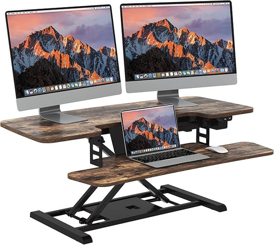 SANODESK Standing Desk Converter with Electric Motor 40" Height Adjustable Riser for Office Home,Dual Monitor and Laptop Workstation with Large Keyboard Tray,Rustic Color-DeskLoop Office