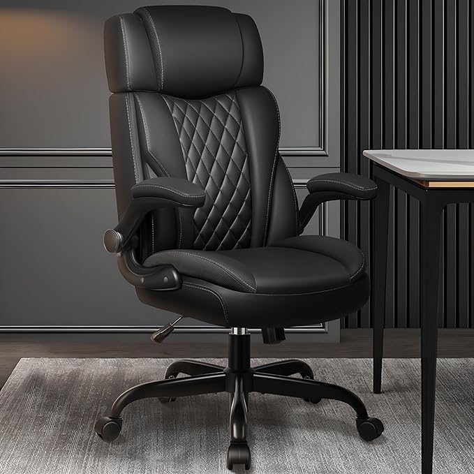 Office Chair Flip Up Arms, Executive Leather Office Chair Ergonomic Desk Chair with Lumbar Support, Adjustable Headrest, Computer Chair Home Office Desk Chair with Rocking Function-DeskLoop Office