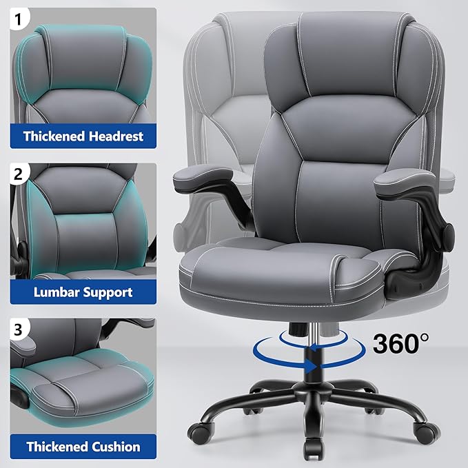 PU Leather Executive Office Chair, Ergonomic High-Back Computer & Gaming Chair with Adjustable Height, Rolling Swivel & Flip-Up Armrests, Comfy Padded Seat for Home Office-Gray-DeskLoop Office