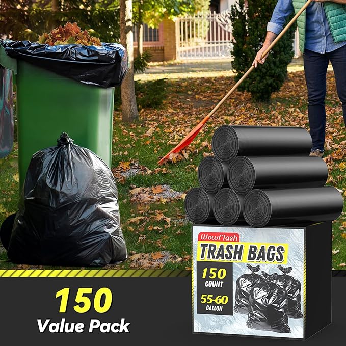 150 Count 55-60 Gallon Trash Bags, Sturdy & Tear-Resistant Commercial Can Liners 55 Gallon, Large Garbage Bags, Large Black Trash Bags for Commercial, Lawn and Leaf Bags-DeskLoop Office
