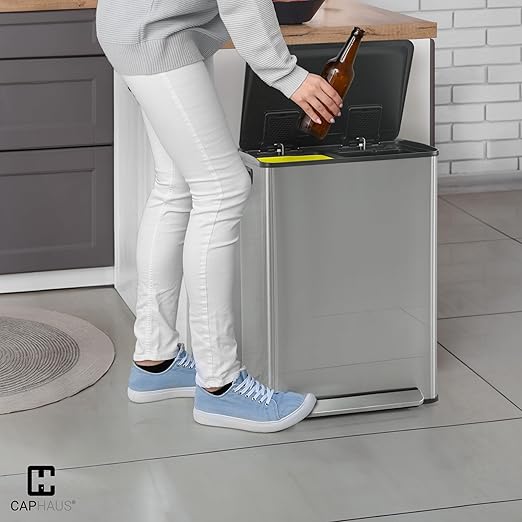 CAPHAUS Dual Trash Can with Lid, Trash and Recycling Bins Combo for Kitchen, Hands-Free Stainless-Steel Garbage Can with 2 Compartment, Hinged Lid, Odor Filter, Handles, 25L+25L, 2 x 6.6 Gallon-DeskLoop Office