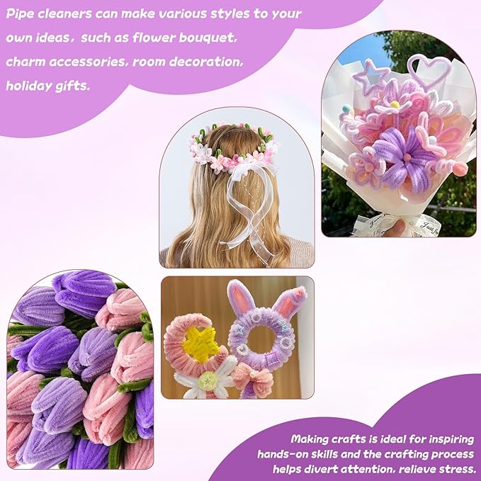 400 Pcs Chenille Stems Flowers Craft Kit,4 Colors Pipe Cleaners Bulk for DIY Floral Arrangements with Floral Wires, Gardening Tape,Hot Glue Stick,Greeting Card,Bouquet Paper, Stamen & Ribbon-DeskLoop Office