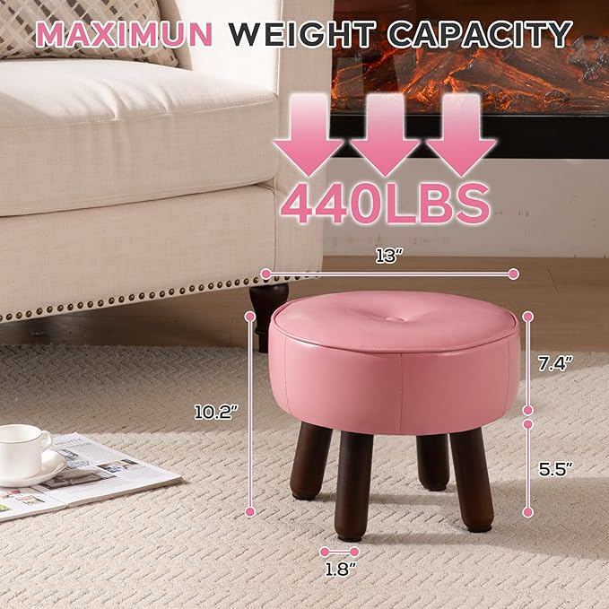 Small Foot Stool Round Pouf Ottoman, 13'' Leather Foot Rest with Non-Skid Rubber Legs, Foolstool Ottomans for Couch, Sofa Footrest Step Stool for Living Room Bedroom Entryway Office, Pink-DeskLoop Office