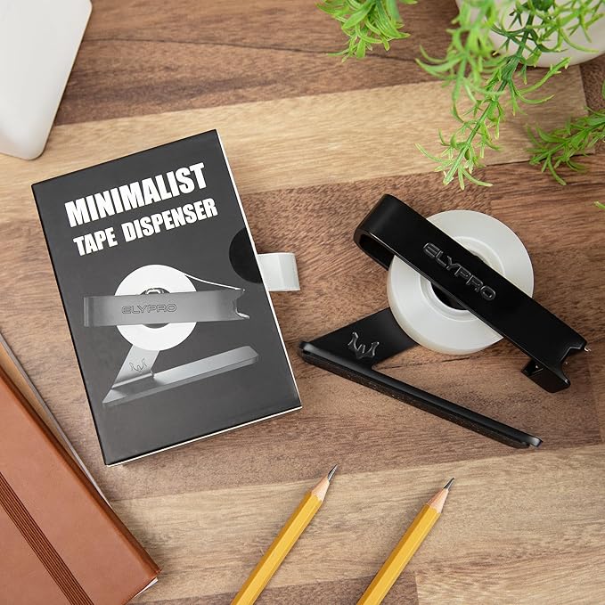ELYPRO Modern Tape Dispenser for Office Desk - Elegant and Minimalist Design, Heavy Metal Made, Space-Saving, Perfect for Office & Home Use or as a Stylish Gift - Bonus Tape Roll Included (Black)-DeskLoop Office