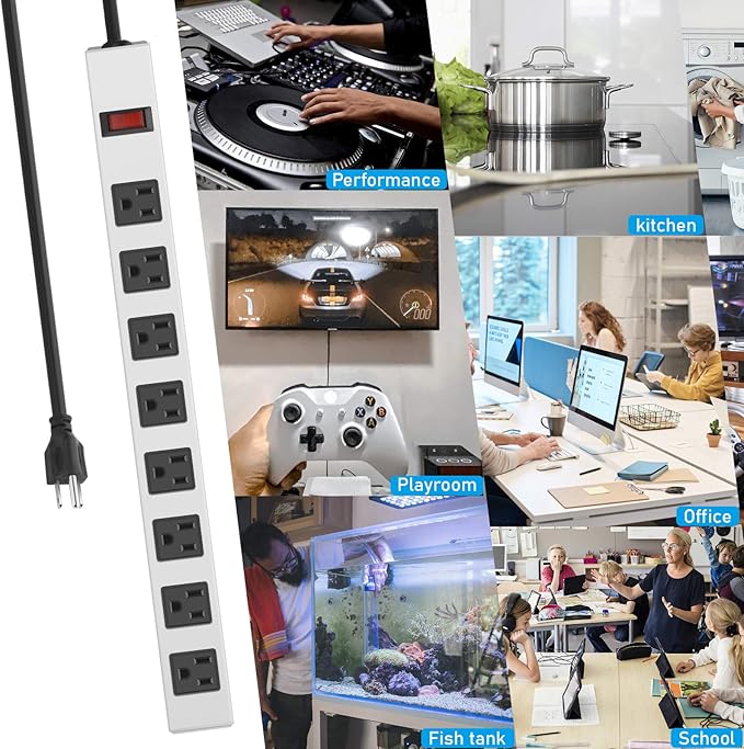 JUNNUJ Metal 8 Outlet Power Strip, Mountable Heavy Duty Power Strip, 1200J Surge Protector Wall Mount Screws Outlet with Switch, Gaming Desk Strips Wide Spaced 15A 125V 1875W, 3 FT 14AWG Power Cord-DeskLoop Office