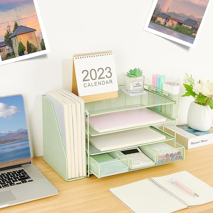Desk Organizer and Accessories, 4-Tier Desktop File Organizer with Drawer and 2 Pen Holders, Office Desk Accessories for Office Supplies(Green)-DeskLoop Office