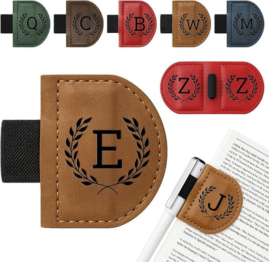 Personalized Bygone Mark Bookmark with Pen Holder,Engraving Leather Magnetic Bookmarks Vintage 26 Letters Name Initials Text Book Marker Clips Gifts for Reading Book Lovers Women (Brown, E)-DeskLoop Office