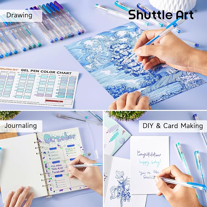 Shuttle Art 60 Pack Blue Tone Gel Pens, 30 Blue Tone Gel Pens with 30 Refills for Adults Coloring Books Journaling Drawing Nature, Landscapes, Animals Scenes-DeskLoop Office