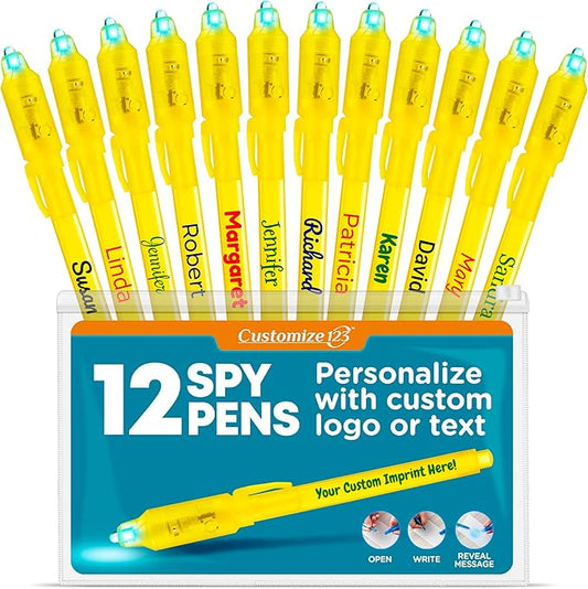 Personalized Invisible Disappearing Ink Pen Marker Pack, Custom Secret Spy Message Writer with UV Light, Fun for Kids Party Favors Gifts and Stock Stuffers, 12 Pack, Yellow-DeskLoop Office