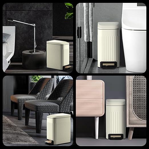 Small Bathroom Trash Can with Lid Soft Close-6L/1.6 Gal Slim Step Garbage Can-Metal Pedal Wastebasket-Narrow Rectangle Garbage Container Bin for Corner Office, Bedroom, Toilet, Live Room-Beige-DeskLoop Office