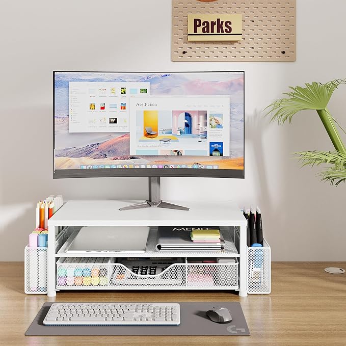 Desk Organizers and Accessories, 2-Tier Computer Monitor Stand Riser with Drawer and 2 Pen Holders, Laptop Stand, Office Desk Accessories for Office Supplies, White-DeskLoop Office