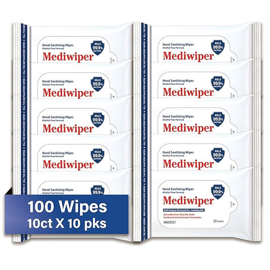 Mediwiper 10 Count Alcohol-Free Sanitizing Wipes Disinfecting Large Unscented Wet Wipes Bulk, Hand Sanitizer (10 Wipes, 100 Wipes (10 * 10))-DeskLoop Office