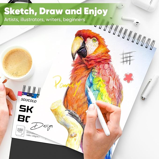 Soucolor Artist 9x12 Sketch Book Set, 4 Pack 100-Sheet Spiral Drawing Pads (68lb/100gsm) | Acid-Free Drawing Paper for Teens, Adults Classroom Art Supplies, Charcoal, Graphite, Pastel Pencils & Sticks-DeskLoop Office