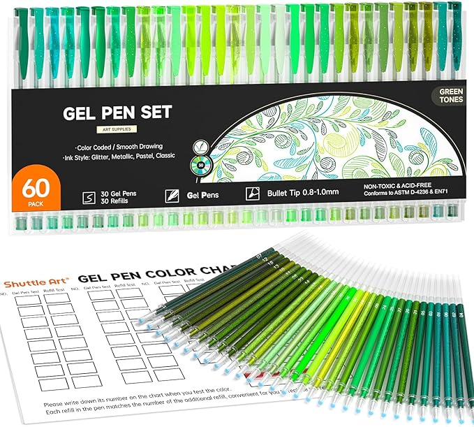 Shuttle Art 60 Pack Green Tone Gel Pens, 30 Green Tone Gel Pens with 30 Refills for Adults Coloring Books Journaling Drawing Nature, Landscapes, Animals Scenes-DeskLoop Office
