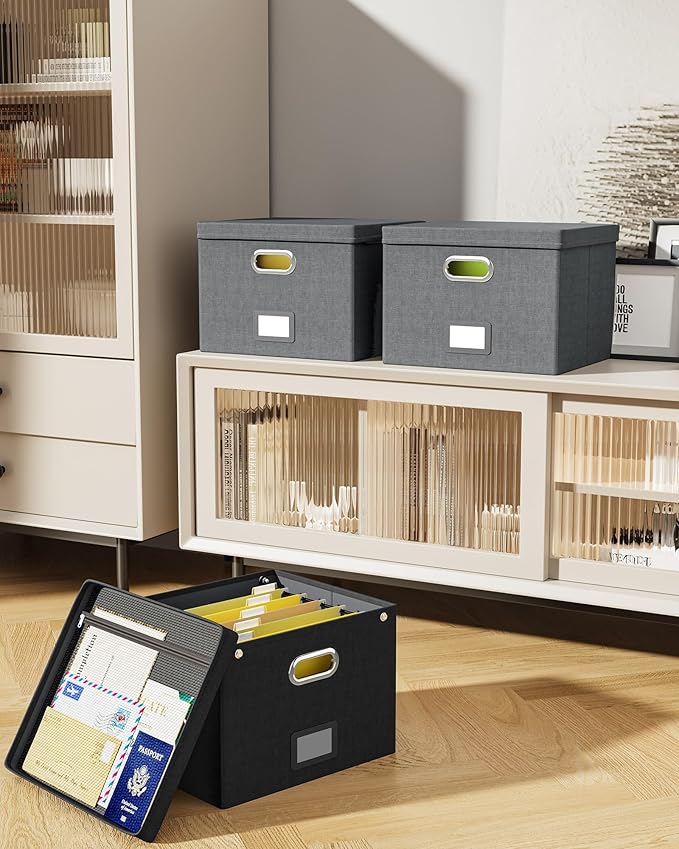 2 Pack File Organizer Box with Lid, Large Hanging Filing Box with Mesh Pocket, Document Organizer for Letter Files, Portable Storage Case for Office&Home (Dark grey)-DeskLoop Office