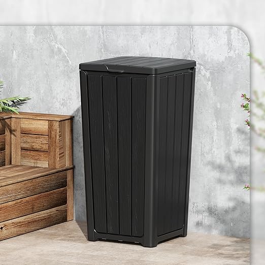 Outdoor Trash Can with Lid, Waterproof Resin Garbage Can with Tiered Lid, Outside Trash Bin for Patio, Kitchen, Backyard or Deck-DeskLoop Office