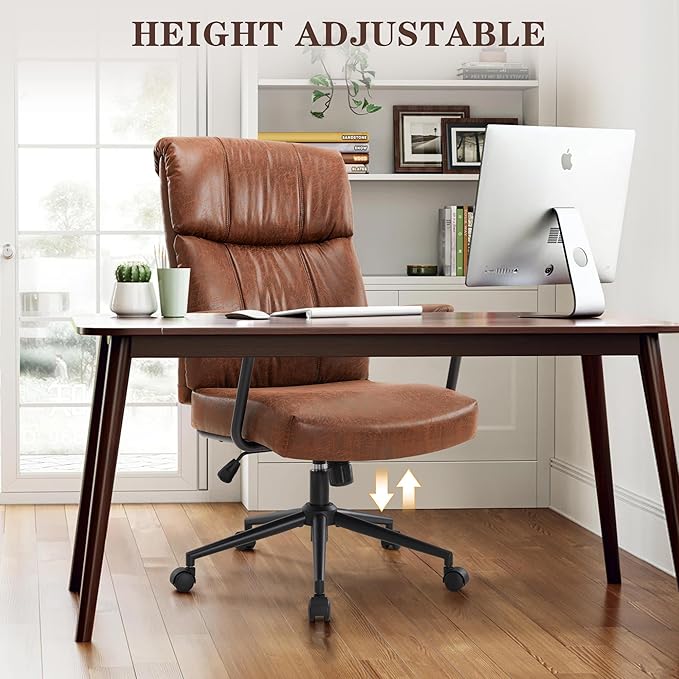 Mid Century Office Chair, Ergonomic Modern Breathable Fabric Home Desk Chair with Lumbar Support, Adjustable Height Swivel Computer Chair for Home Office (Brown)-DeskLoop Office