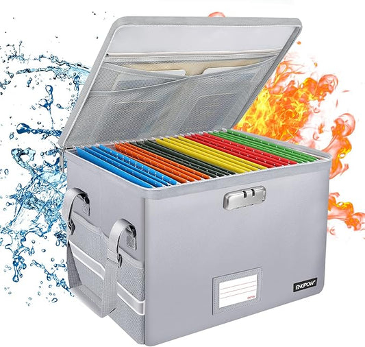 ENGPOW File Box with Lock, Fireproof Document Box with Zipper&Pockets, Collapsible File Organizer Filing Storage Cabinet with Handle, Portable Home Office Safe for Hanging Letter/Legal Folder,Silver-DeskLoop Office