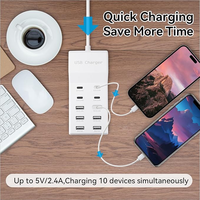 USB Charging Station, 10 Ports Family-Sized USB C Charger Block,USB Power Strip for Smart Phone Tablet Laptop Computer (1 Pcs)-DeskLoop Office