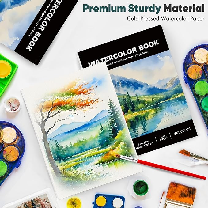 Soucolor Watercolor Paper Pad, 9"x12" Water Color Paper, 140lb/300gsm 40 Sheets Artist Painting Drawing Paper Book, Art Supplies for Adults Kids, Watercolor Paint Set, Sketchbook, Journal, Notebook-DeskLoop Office