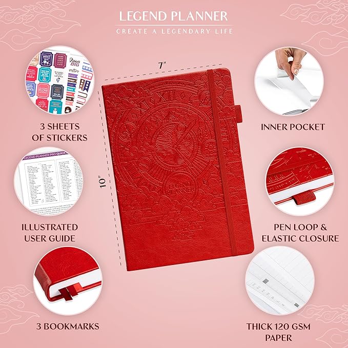 Legend Planner PRO – Deluxe Weekly & Monthly Life Planner to Increase Productivity and Hit Your Goals. Time Management Organizer Notebook – Undated – 7 x 10" Hardcover + Stickers – Red-DeskLoop Office